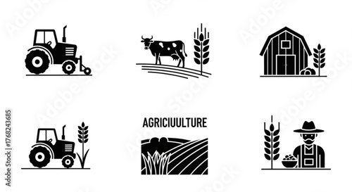 Illustrations of agriculture elements including tractor, cow, barn, farmer and wheat in black and white created with generated ai