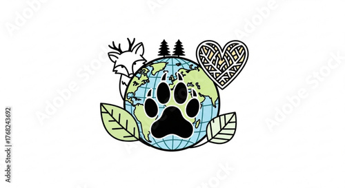 Illustration of earth with paw print, trees, heart, leaves, and a fox for conservation themes created with generated ai