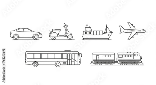 Line art illustration showing various modes of transportation including car, scooter, ship, train and airplane created with generated ai