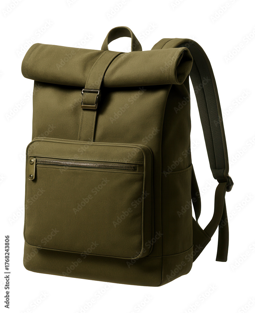 Naklejka premium Roll-top canvas laptop backpack with front zip pocket.