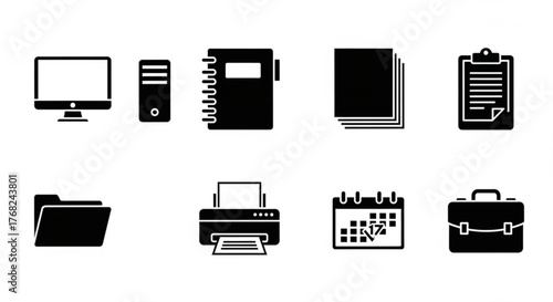 Black and white office icons depicting a computer notebook printer and other office related items created with generated ai