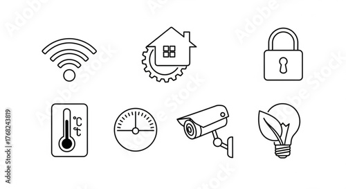 Outlined smart home icons depicting wifi, security, temperature, and automation technology systems created with generated ai