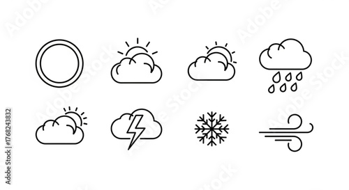 Collection of eight line art weather icons including sun, cloud, rain, snow, and wind symbols created with generated ai
