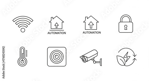 Outline icons depicting smart home automation features and security systems in a simple line art style created with generated ai