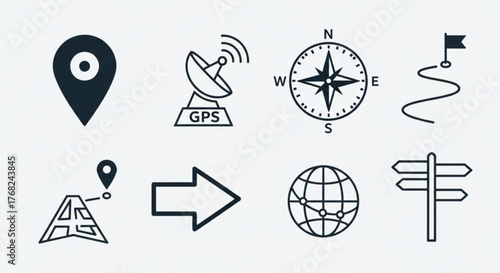 Illustration of various navigation icons including a map pin gps compass globe and directional signs design 100 created with generated ai
