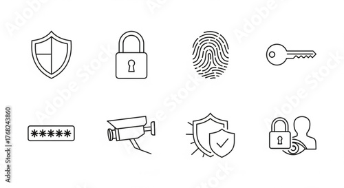 Illustration showing security icons including a shield, padlock, fingerprint and a security camera system created with generated ai
