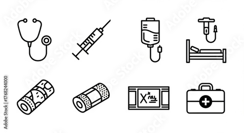 Illustration showing medical equipment including stethoscope syringe iv bag bed and first aid kit icon set created with generated ai