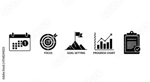 Icons representing calendar, focus, goal setting, progress chart, and a completed checklist graphic created with generated ai