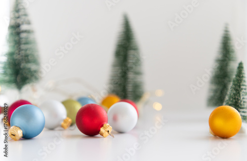 christmas baubles and fir trees