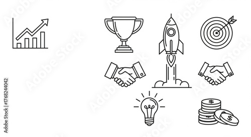Line art icons representing business success with growth chart and handshake symbols and rocket launch created with generated ai
