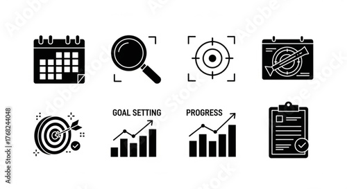 Illustrative icons depicting business planning, goal setting, and progress tracking in black and white created with generated ai