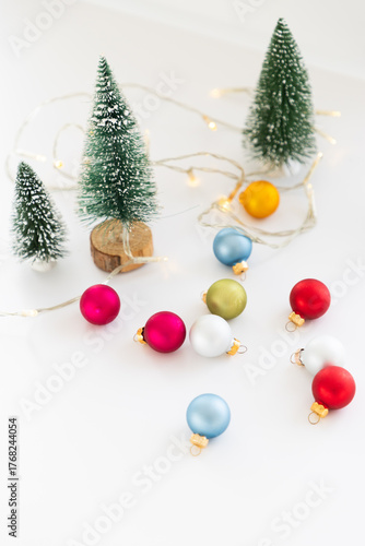 christmas baubles and fir trees