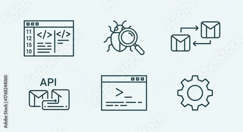 Illustration of software development icons including coding, api, debugging and configuration gear created with generated ai
