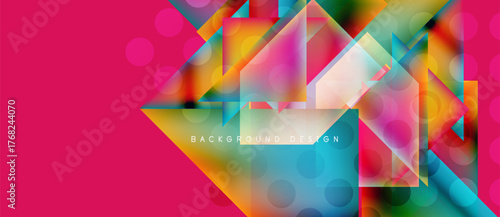Abstract geometric shapes overlap, creating vibrant colorful design. Pink background complements dynamic composition. Modern aesthetic.
