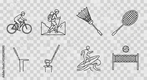 Illustration of diverse sports activities including cycling hiking badminton golf surfing and volleyball shown created with generated ai