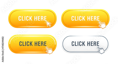 Four call to action buttons with click here text, isolated on transparent background