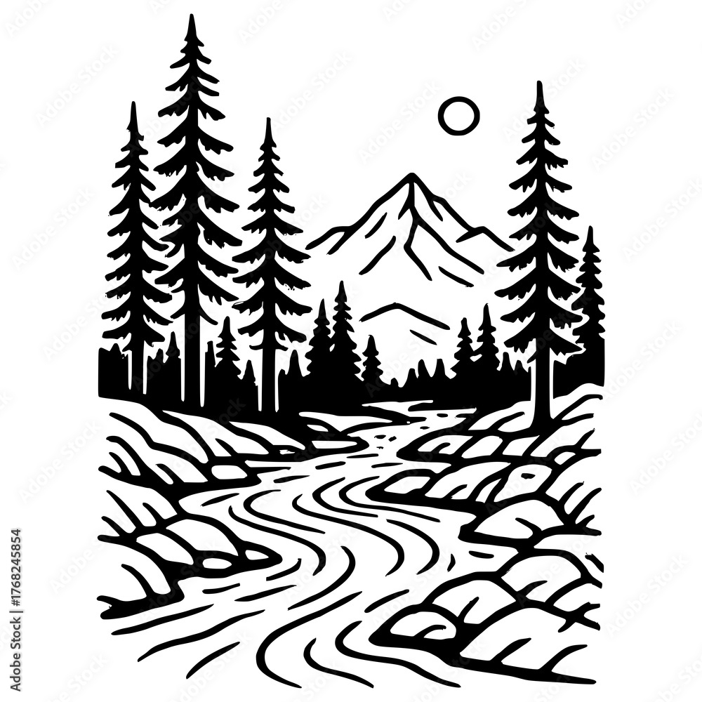 Fototapeta premium Mountain river landscape line art illustration, pine forest and flowing stream with mountain peaks, minimalist black and white nature scene for adventure design, camping logo, outdoor t-shirt, tattoo 