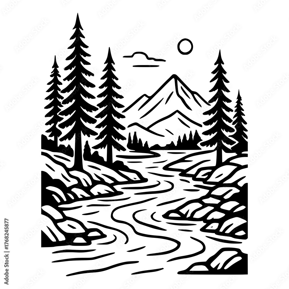 Obraz premium Mountain river landscape line art illustration, pine forest and flowing stream with mountain peaks, minimalist black and white nature scene for adventure design, camping logo, outdoor t-shirt, tattoo 