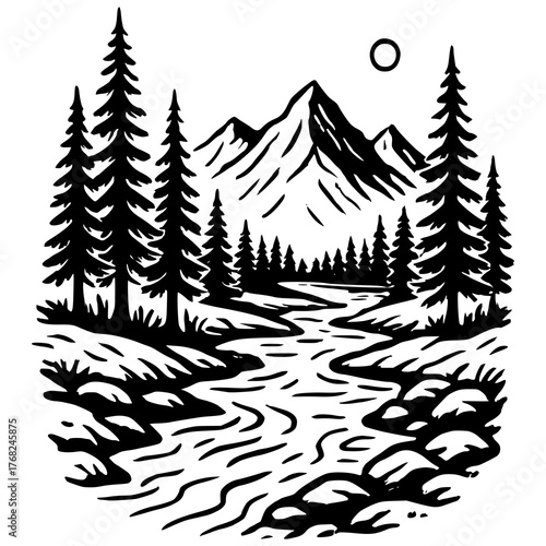 Mountain river landscape line art illustration, pine forest and flowing stream with mountain peaks, minimalist black and white nature scene for adventure design, camping logo, outdoor t-shirt, tattoo 