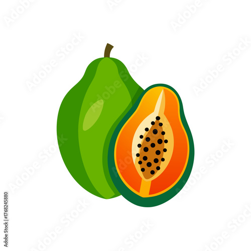 Illustration of a whole and cut papaya on transparent background