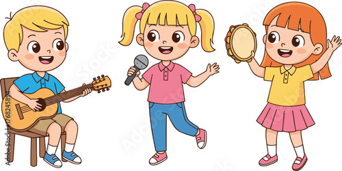 Kids playing music instruments, boy with guitar, girl singing with microphone, tambourine performance, happy children band, musical education fun activity