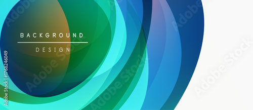 Abstract layered shapes create vibrant gradient effect. Blue, green hues dominate design, suggesting fluidity, movement. Minimalist aesthetic.