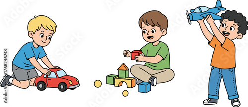 Kids playing with toys, boys with car, blocks and airplane, happy children playtime activity, preschool fun, childhood development and imagination