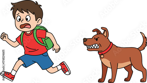 Scared boy running away from angry dog, cartoon danger situation illustration for safety awareness, child protection and animal behavior concept artwork
