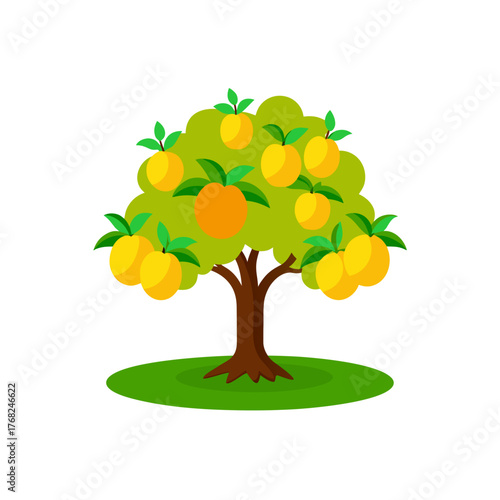 Cartoon tree with orange fruits and leaves on transparent background