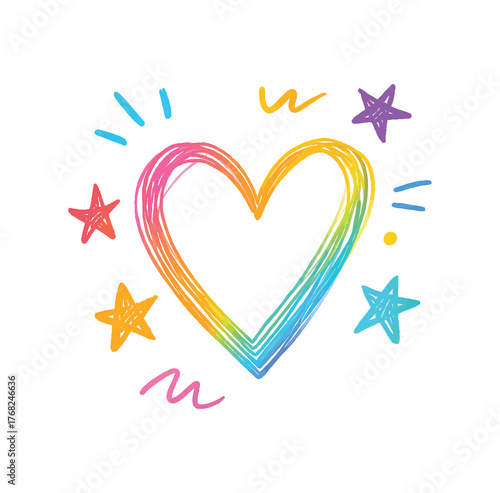 Colorful heart illustration with stars, radiating lines and decorative elements. Perfect for expressing love, joy, and positivity on various design projects and social media