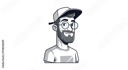 Stylized cartoon portrait of a bearded man with glasses and a cap in monochrome tones