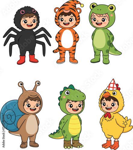 Kids wearing animal costumes, spider, tiger, frog, snail, dinosaur, chicken outfits, cute children dressing up, playful cartoon characters, fun illustration