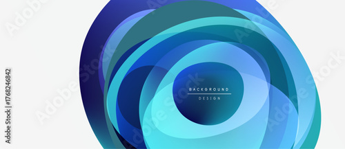 Abstract blue layers create circular design. Gradient shades suggest depth, modern aesthetic. Minimalist background enhances visual impact.