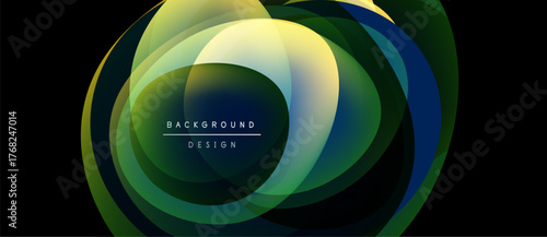 Abstract layers create flowing shapes. Green, yellow, blue hues blend, forming dynamic background design. Minimal text present.