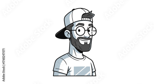 Stylish cartoon character portrait with cap glasses and beard in grayscale illustration
