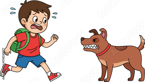 Scared boy running from angry dog, frightened child escaping barking pet, danger situation, kid afraid of animal attack outdoors cartoon illustration