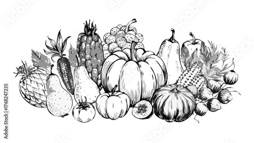 Illustration of a variety of fruits and vegetables in black and white drawing style, sketch style art