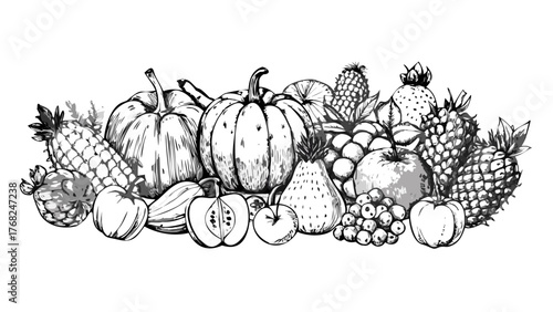 A monochrome sketch of a harvest bounty featuring pumpkins, apples, grapes, and pineapples together