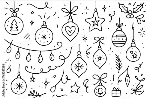 Hand-drawn doodle vector collection of Christmas ornaments and baubles, created in a festive sketch style, isolated on white background  
