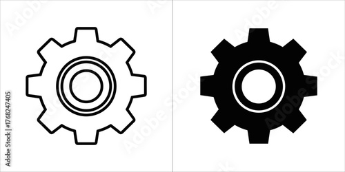 Two icons representing gears, one outlined and one solid black