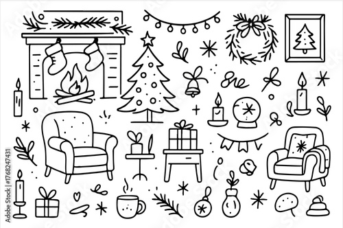 Hand-drawn doodle vector collection of Holiday Decor & Home elements, isolated on white background  

