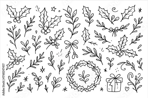 Hand-drawn doodle vector collection of holly leaves and mistletoe, illustrated in a graceful sketch style, isolated on white background  
