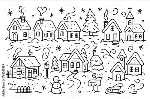 Hand-drawn doodle vector collection of snow-covered houses and cozy winter cottages, illustrated in a playful, sketchy doodle style, isolated on white background  
