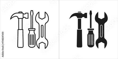 Two icons of a hammer, screwdriver, and wrench, one black and one white