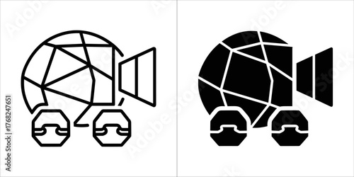 Global video camera on wheels icon, black and white versions