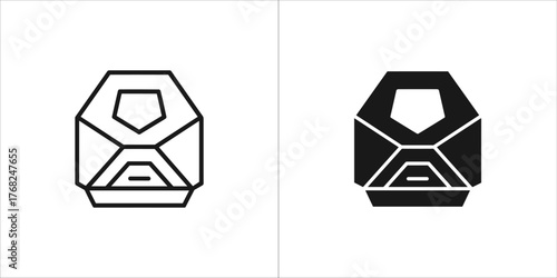 Line art and solid black silhouette of a futuristic geometric object