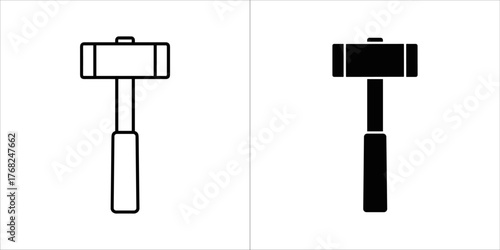 Line art and solid black silhouette of a mallet or sledgehammer