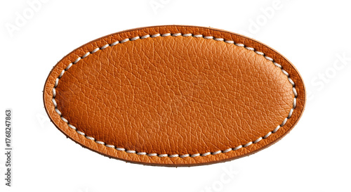 Oval brown leather patch with white stitching isolated on transparent background