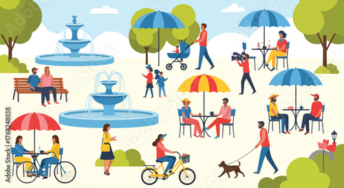 Vibrant illustration of a park scene with people enjoying various activities, creating a lively atmosphere