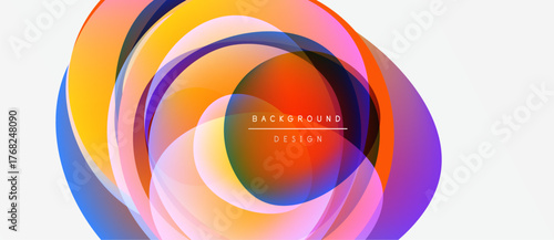 Abstract colorful layers create dynamic circular design. Vibrant hues blend, forming modern background element. Smooth gradients offer visual interest.